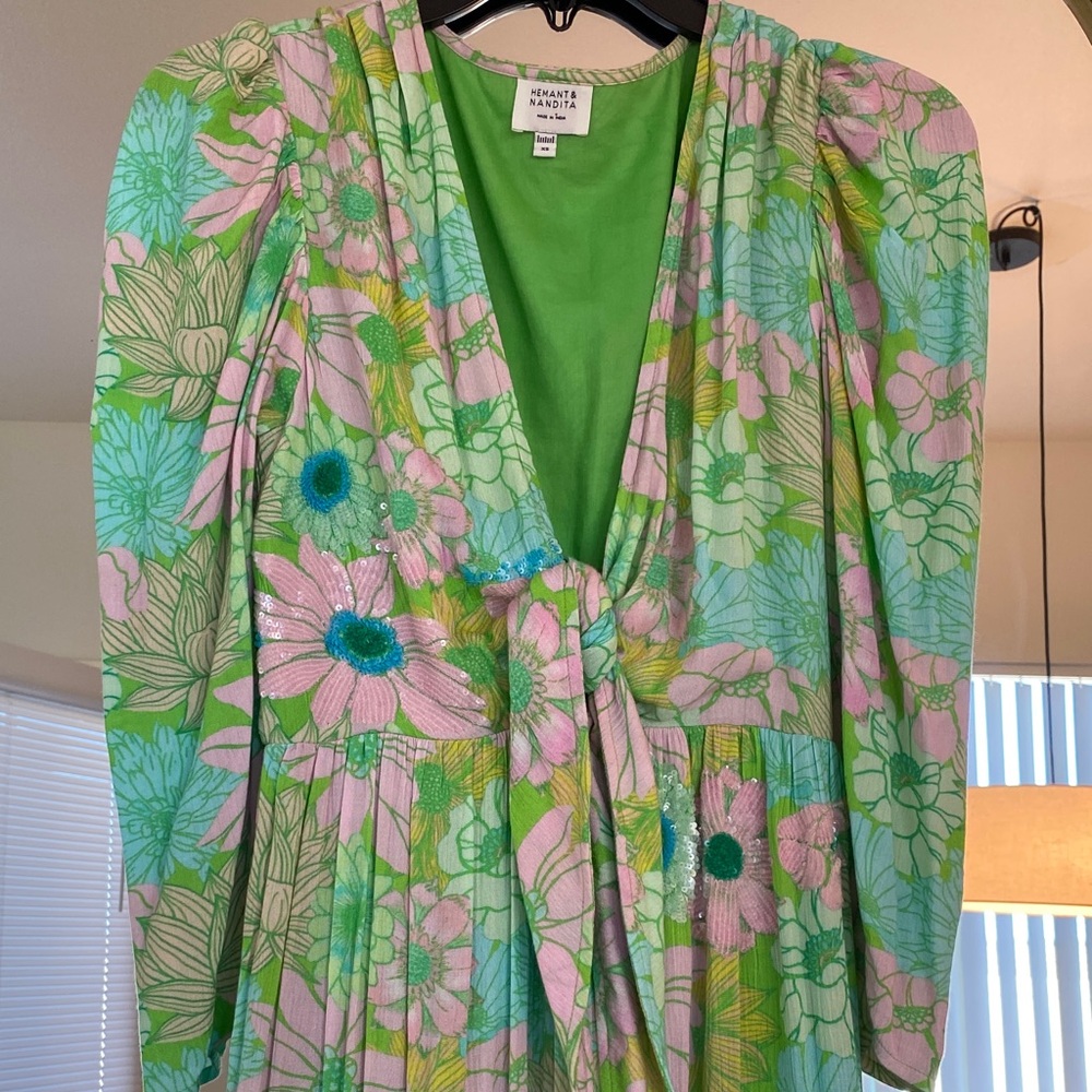 HEMANT & NANDITA Vibrant Green Floral Maxi Dress
